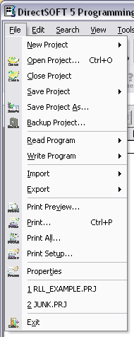 DirectSoft5 file menu
